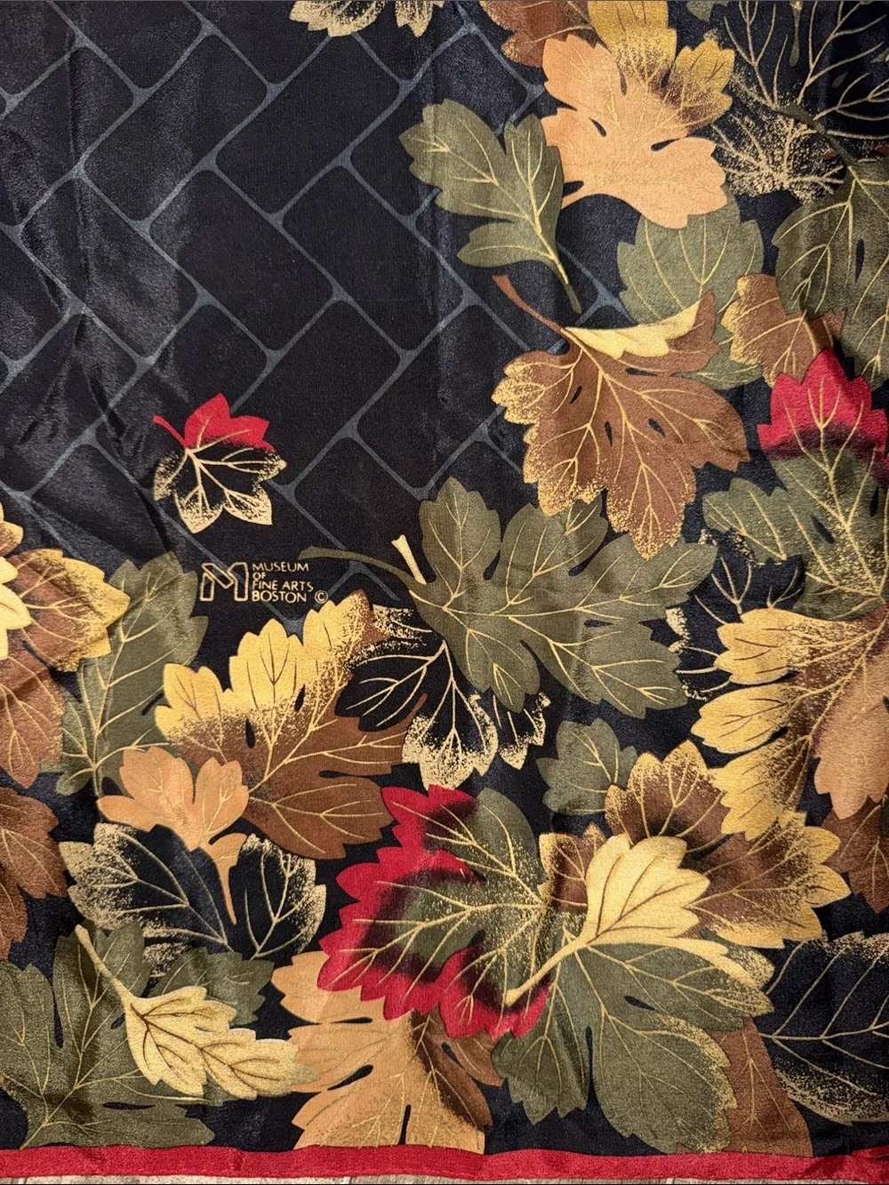 VTG Museum of Fine Arts Boston Autumn Leaves Silk Square Scarf Red Border